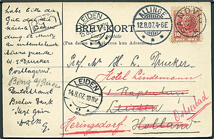 10 øre Fr. VIII på brevkort annulleret med stjernestempel SANDVIG og sidestemplet Allinge d. 12.8.1907 til Leiden, Holland - eftersendt til Heringsdorf Ostseebad, Tyskland.