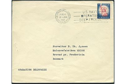 Amerikansk 8 cents på brev stemplet Little America, Antarctica U.S.N. / U.S. Navy Operation Deep Freeze d. 4.1.1957 til Brovad pr. Fredericia, Danmark. Fra den amerikanske polarstation Little America på Antarktis.