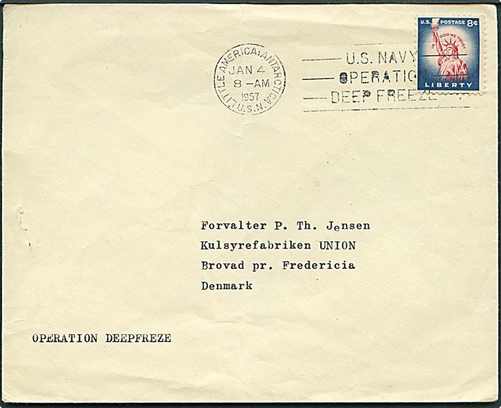 Amerikansk 8 cents på brev stemplet Little America, Antarctica U.S.N. / U.S. Navy Operation Deep Freeze d. 4.1.1957 til Brovad pr. Fredericia, Danmark. Fra den amerikanske polarstation Little America på Antarktis.