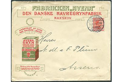 10 øre Chr. X på illustreret firmakuvert fra Fabrikken Avana i Nakskov annulleret med bureaustempel Nykjøbing - Nakskov T.10 d. 10.8.1914 til Assens.