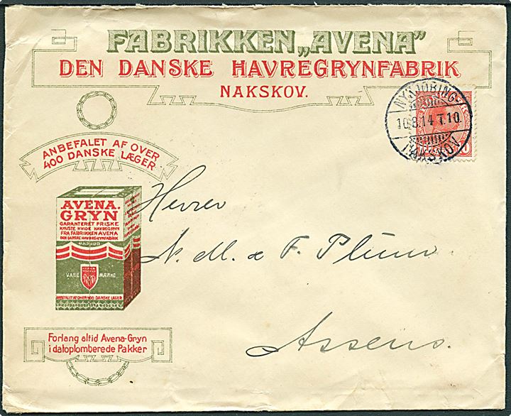 10 øre Chr. X på illustreret firmakuvert fra Fabrikken Avana i Nakskov annulleret med bureaustempel Nykjøbing - Nakskov T.10 d. 10.8.1914 til Assens.