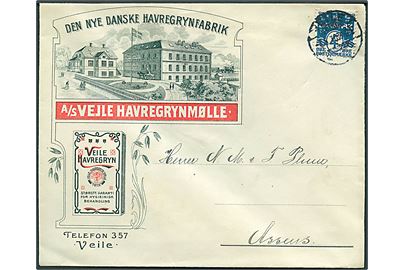 4 øre Bølgelinie på illustreret firmakuvert sendt som tryksag fra A/S Vejle Havregrynmølle i Veile d. 7.5.1910 til Assens.
