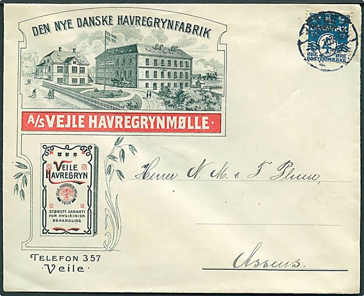 4 øre Bølgelinie på illustreret firmakuvert sendt som tryksag fra A/S Vejle Havregrynmølle i Veile d. 7.5.1910 til Assens.
