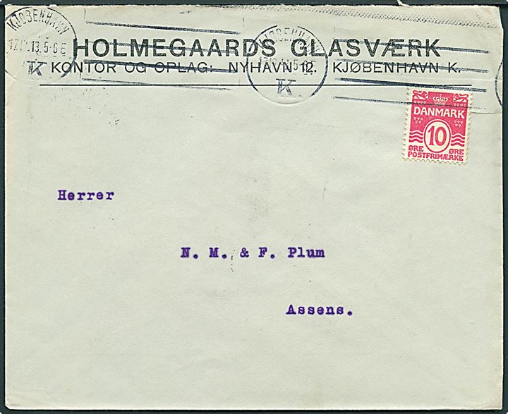 10 øre Bølgelinie på illustreret firmakuvert fra Holmegaards Glasværks kontor og Oplag Nyhavn 12 i Kjøbenhavn d. 17.10.1913 til Assens.