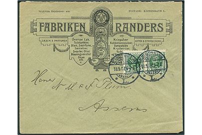 5 øre Fr. VIII i parstykke på illustreret firmakuvert fra Fabriken Randers i Kjøbenhavn d. 18.5.1907 til Assens.