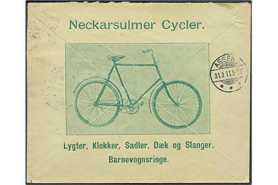 10 øre Fr. VIII på illustreret firmakuvert fra Baadh & Winthers Efterfølger i Kjøbenhavn d. 30.3.1911 til Assens. På bagsiden reklame for Neckarsulmer Cycler.