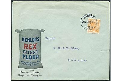 7 øre Chr. X single på illustreret firmakuvert sendt som tryksag fra firma Søren Kruse i Aarhus d. 29.2.1920 (Skuddag) til Assens. Reklame for Kehlor's Rex Patent Flour.