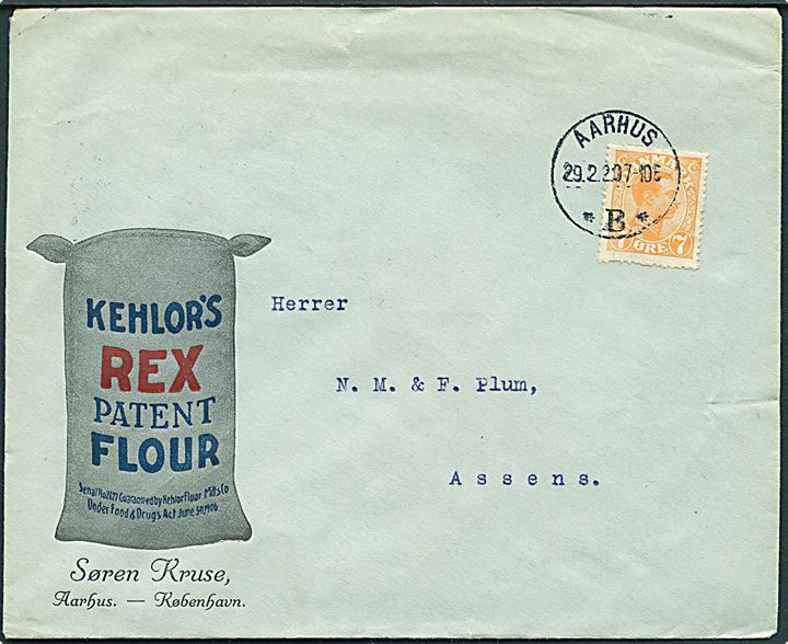 7 øre Chr. X single på illustreret firmakuvert sendt som tryksag fra firma Søren Kruse i Aarhus d. 29.2.1920 (Skuddag) til Assens. Reklame for Kehlor's Rex Patent Flour.