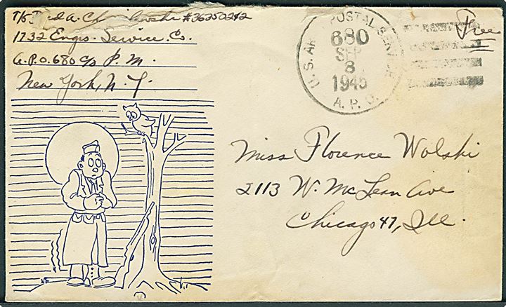Ufrankeret amerikansk illustreret feltpostbrev stemplet U.S. Army Postal Service APO 680 (= Ahwaz, Iran) d. 8.9.1945 til USA. Fra 1732 Engs. Service Co. 