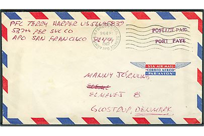 Ufrankeret luftpostbrev med Postage Paid stemplet Army & Air Force Postal Service APO 96491 (= Long Binh, Vietnam) d. 15.5.1967 til Glostrup, Danmark. Fra soldat i 537th Personnel Services Company