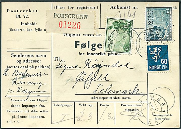 10 øre, 60 øre Postjubilæum og 60 øre Løve på adressekort for pakke fra Porsgrunn d. 14.6.1947 til Øifjell, Telemark.