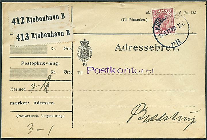 50 øre Chr. X single på adressebrev for 2 pakker fra Kjøbenhavn d. 13.8.1917 til Brædstrup.