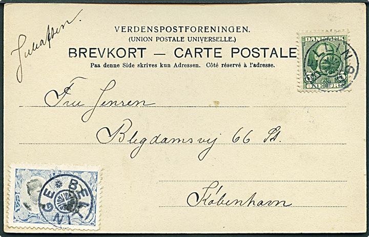 5 øre Fr. VIII og Julemærke 1907 på julekort annulleret med stjernestempel BELLINGE til København. Påskrevet: Juleaften.