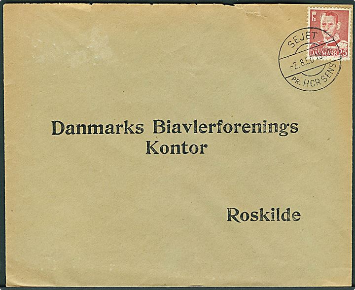 25 øre Fr. IX på brev annulleret med pr.-stempel Sejet pr. Horsens d. 2.8.1950 til Roskilde.
