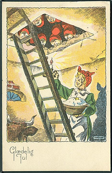 Børge Hersdorf: Glædelig Jul. Kvinde på vej op ad trappen med risengrød. Nisserne venter. L. W. u/no. 