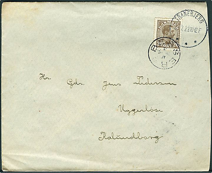20 øre Chr. X på brev annulleret med stjernestempel BESSER og sidestemplet brotype IIIb Tranebjerg d. 3.7.1923 til Uggerløse pr. Kalundborg.