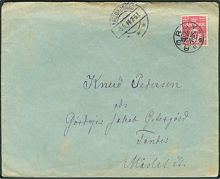 10 øre Bølgelinie på brev annulleret med stjernestempel RØRBY og sidestemplet Kallundborg d. 5.5.1914 til Maarslet. 
