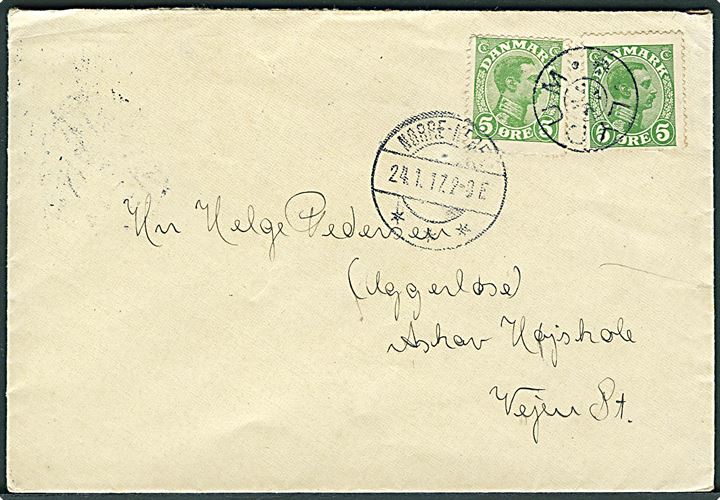 5 øre Chr. X (2) på brev annulleret med stjernestempel LYDUM og sidestemplet Nørre-Nebel d. 24.1.1917 til Askov Højskole pr. Vejen St.