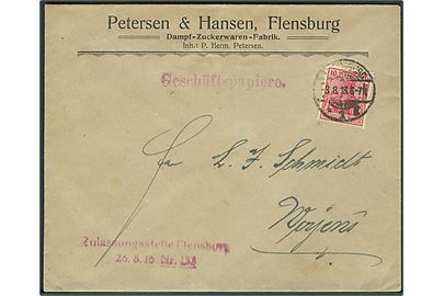 10 pfg. Germania på Forretningspapirer fra Flensburg 3.8.1918 til Vojens. Rødt stempel fra Zulassungsstelle Flensburg.