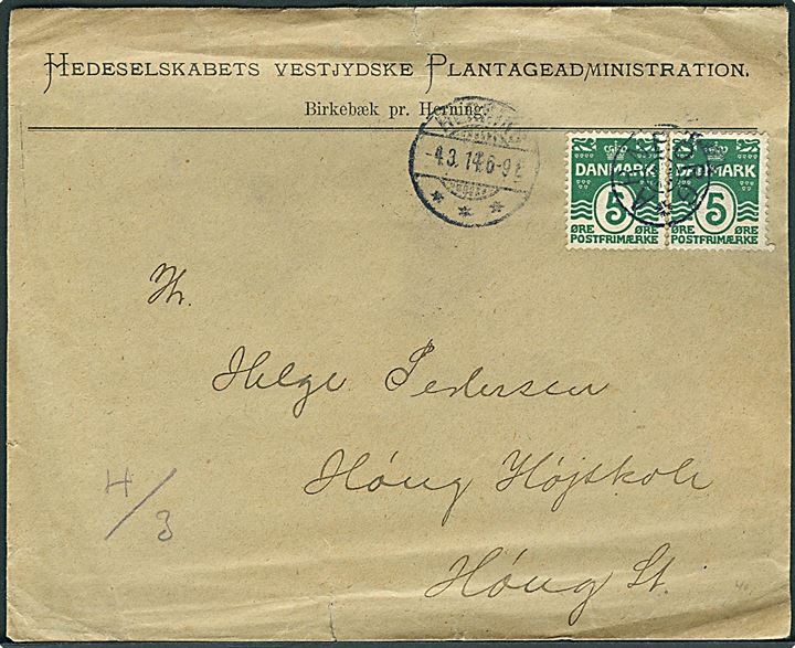 5 øre Bølgelinie i parstykke på brev fra Birkebæk annulleret med stjernestempel ARNBORG og sidestemplet Herning d. 4.3.1914 til Høng St.