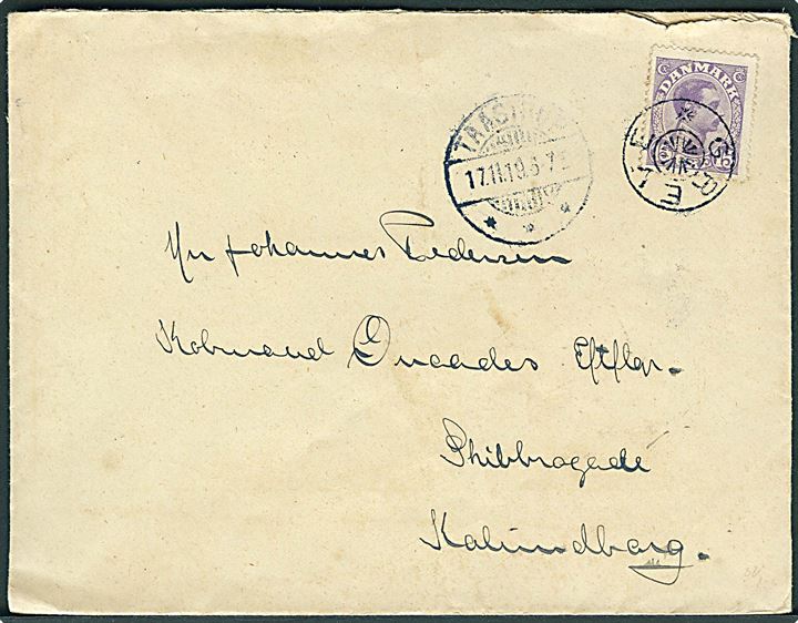 15 øre Chr. X på brev annulleret med stjernestempel GREVE og sidestemplet Taastrup d. 17.11.1919 til Kalundborg.