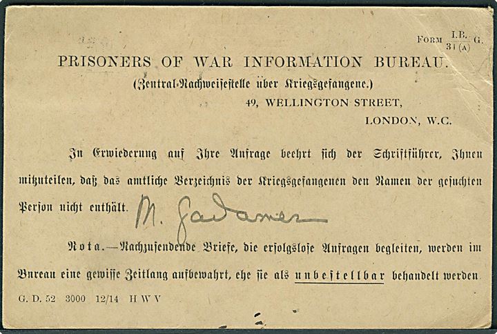 Engelsk 1d George V på OHMS krigsfangeforsendelse fra Prisoners of War Information Bureau i London d. 5.1.1915 til Wexjö, Sverige. 