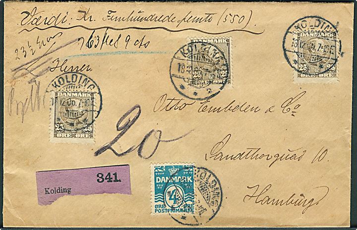4 øre Bølgelinie og 25 øre Chr. IX (3) på 79 øre frankeret brev m. angivet værdi 550 kr. fra Kolding d. 18.12.1906 til Hamburg, Tyskland. Pæn lille forsendelse.