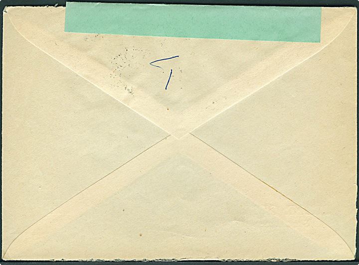20 øre Løve på brev fra Sørstraumen d. 23.5.1940 til Stokmarknes. Censureret i Tromsø med fortrykt grøn banderole type 2: Postkontrollkontor nr. 8 (M.P.K.).