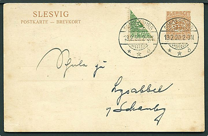 7½ pfg. Fælles udg. helsagsbrevkort opfrankeret med halveret 5 pfg. Fælles udg. og sendt som lokal brevkort fra Amtliches Kreisblatt i Sonderburg d. 13.2.1920 til Lysabild på Als. Halvering accepteret som frankering. God brugsforsendelse.