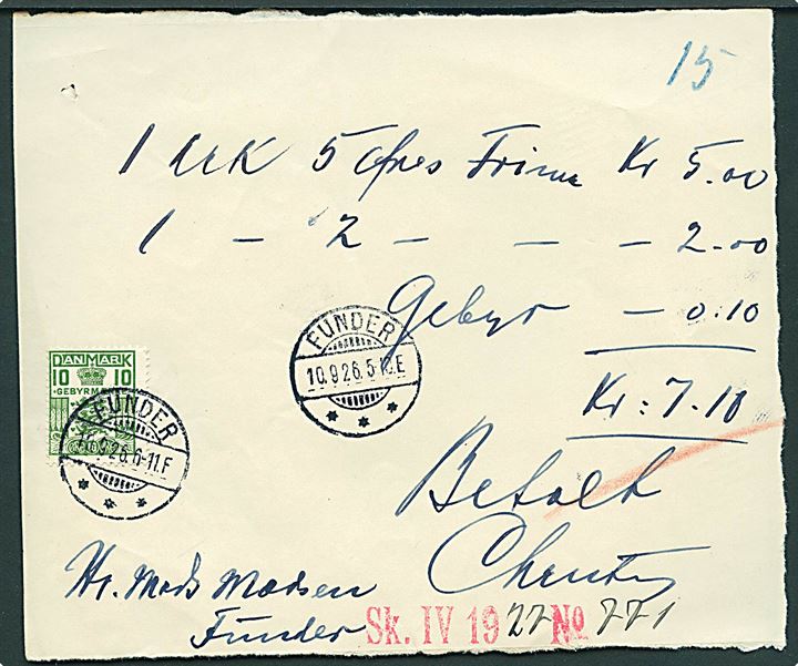 10 øre Gebyrmærke på håndskrevet kvittering for indkøb af frimærker stemplet Funder d. 10.9.1926. 