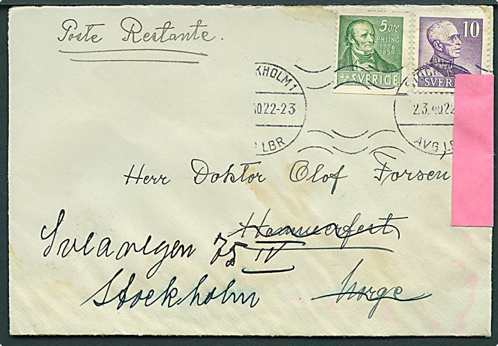 Svensk 15 öre frankeret brev fra Stockholm d. 2.3.1940 til poste restante i Hammerfest, Norge. Eftersendt til Stockholm og censureret i Hammerfest med rød fortrykt banderole type 1: Passert kontrollkontoret M.P.K. H. Interessant kombination.