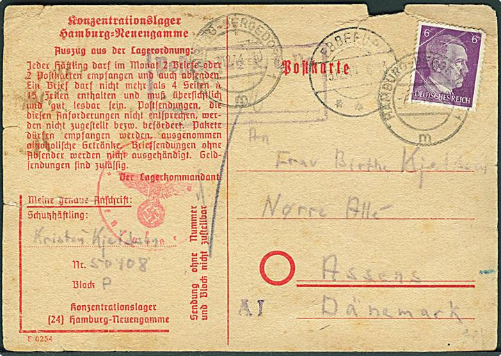 6 pfg. Hitler på fortrykt brevkort fra Konzentrations-lager Hamburg-Neuengamme d. 7.12.1944 til Assens. Fra indsats Kristen Kjelsen med lejrcensur og tysk censur fra Hamburg. Kort noget medtaget.