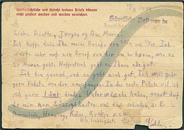 6 pfg. Hitler på fortrykt brevkort fra Konzentrations-lager Hamburg-Neuengamme d. 7.12.1944 til Assens. Fra indsats Kristen Kjelsen med lejrcensur og tysk censur fra Hamburg. Kort noget medtaget.