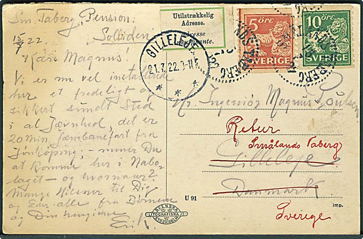 5 öre og 10 öre Løve på brevkort fra Smålands Taberg d. 15.7.1922 til Gilleleje, Danmark. Retur med 2-sproget etiket: Utilstrækkelig Adresse og brotype IIIb Gilleleje d. 21.7.1922.