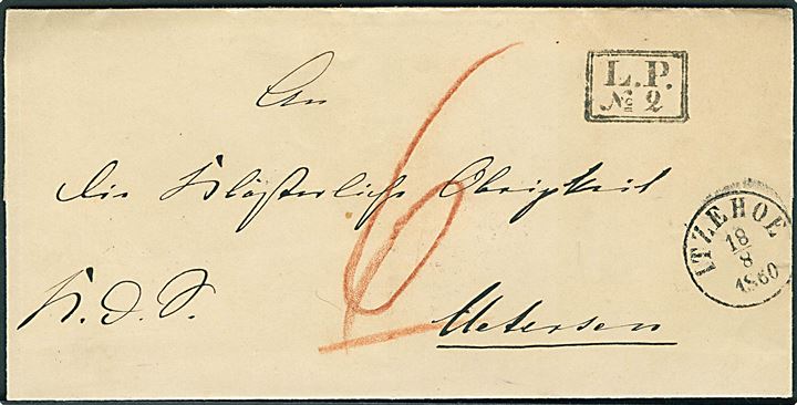 1860. Ufrankeret tjenestebrev mærket K.d.S. med pænt landpoststempel L.P. No. 2 (Hanerau) og sidestempel antiqua Itzehoe d. 18.8.1860 til Uetersen. Udtakseret i 6 sk. porto. Tape på bagsiden.
