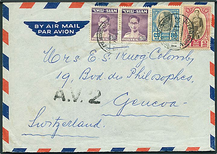2,90 baht blandingsfrankeret luftpostbrev fra Bangkok d. 29.11.1947 til Geneve, Schweiz. Sort luftpoststempel: A. V. 2.