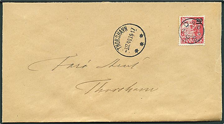 20/15 øre Provisorium på brev annulleret med udslebet stjernestempel SAND og sidestemplet Thorshavn d. 3.12.1940 til Thorshavn.