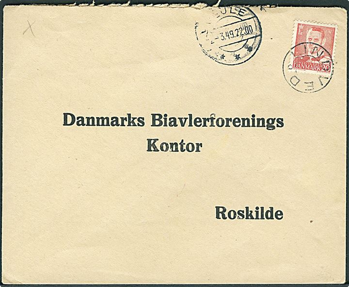 20 øre Fr. IX på brev annulleret med udslebet stjernestempel LINDVED og sidestemplet Vejle d. 2.3.1949 til Roskilde.