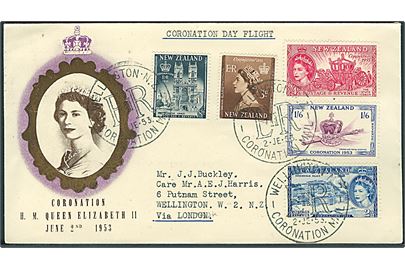 Komplet sæt Elizabeth II på særkuvert stemplet Wellington Coronation Mail d. 2.6.1953 via London til Wellington, New Zealand.