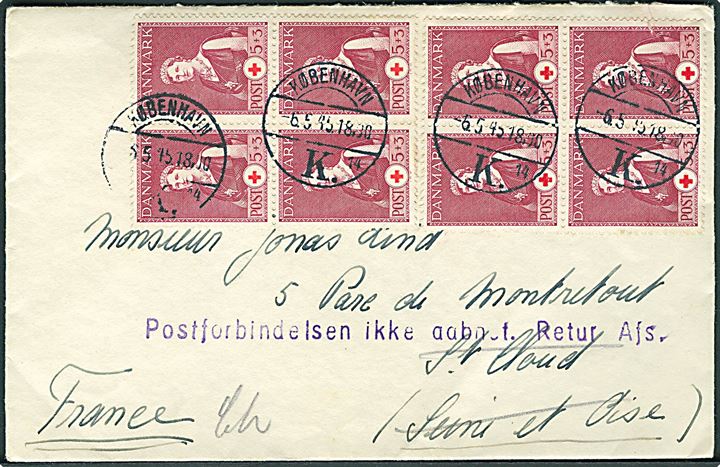 5+3 øre Røde Kors i to fireblokke på brev fra København d. 6.5.1945 til St. Cloud, Frankrig. Retur med stempel: Postforbindelsen ikke aabnet. Retur afs.