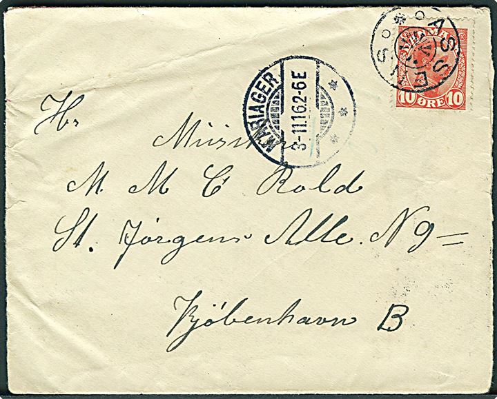 10 øre Chr. X på brev annulleret med stjernestempel ASSENS og sidestemplet Mariager d. 3.11.1916 til Kjøbenhavn.