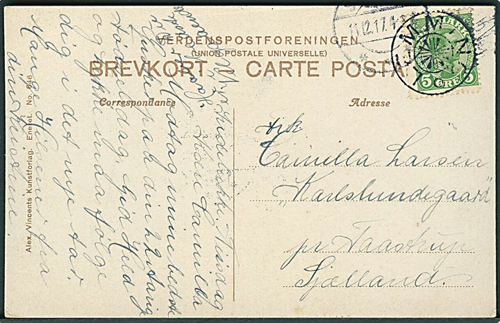 5 øre Chr. X på brevkort annulleret med stjernestempel LEMMING og sidestemplet Silkeborg d. 11.12.1917 til Taastrup.