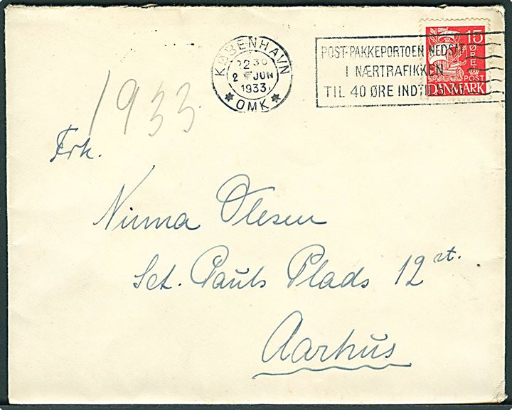 15 øre Karavel på brev annulleret med TMS København *OMK*/Post-pakkeportoen nedsat i Nærfrafikken til 40 øre indtil 5 Kg d. 2.6.1933 til Aarhus.