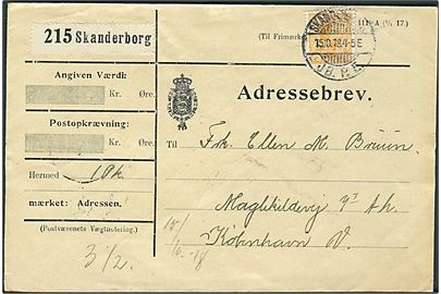 35 øre Chr. X single på adressebrev for pakke stemplet Skanderborg JB.P.E. d. 15.10.1918 til København.
