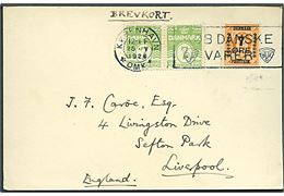 7/1 øre Provisorium og 7 øre Bølgelinie i parstykke på brevkort fra København d. 25.5.1926 til Liverpool, England.