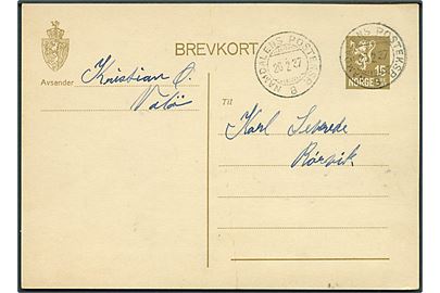 15 øre helsagsbrevkort fra Valö annulleret med sejlende bureaustempel Namdalens Posteksp. B d. 26.2.1937 til Rörvik.