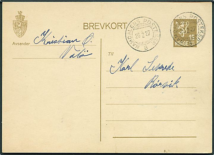 15 øre helsagsbrevkort fra Valö annulleret med sejlende bureaustempel Namdalens Posteksp. B d. 26.2.1937 til Rörvik.