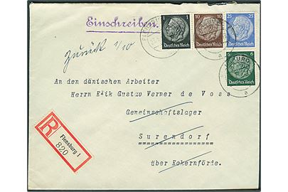 1 pfg., 6 pfg., 10 pfg. og 25 pfg. Hindenburg på anbefalet brev fra Flensburg d. 23.9.1940 til dansk arbejder i Gemeinschaftslager Surendorf über Eckernförde. Retur da modtager ikke er vendt tilbage efter orlov.