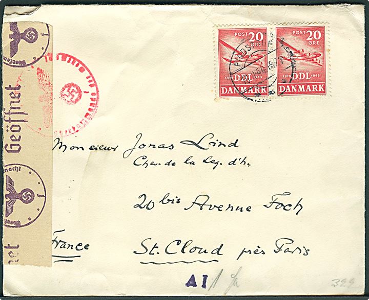 20 øre DDL i parstykke på brev fra Pindstrup d. 10.1.1944 til St. Cloud, Frankrig. Åbnet af tysk censur i Hamburg.