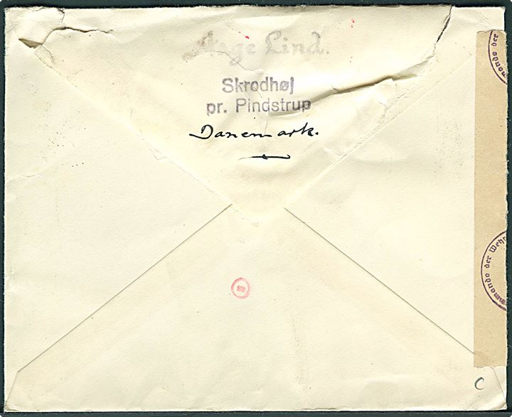 20 øre DDL i parstykke på brev fra Pindstrup d. 10.1.1944 til St. Cloud, Frankrig. Åbnet af tysk censur i Hamburg.